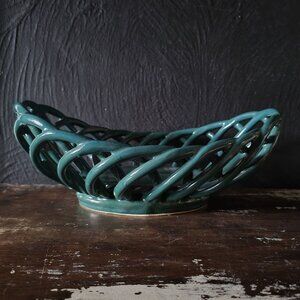 Vintage Green Ceramic Lattice Weave Oval Bread Basket, Cottagecore Basket